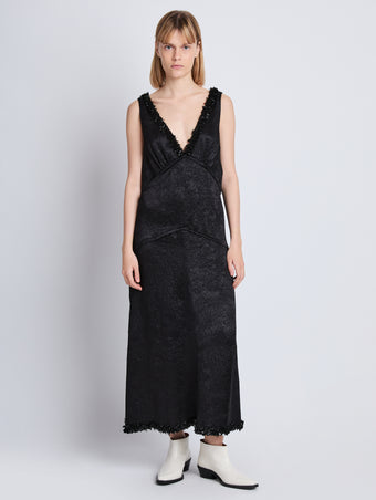 Front image of model wearing Mira Dress In Embroidered Crushed Satin in black