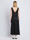 Back image of model wearing Mira Dress In Embroidered Crushed Satin in black