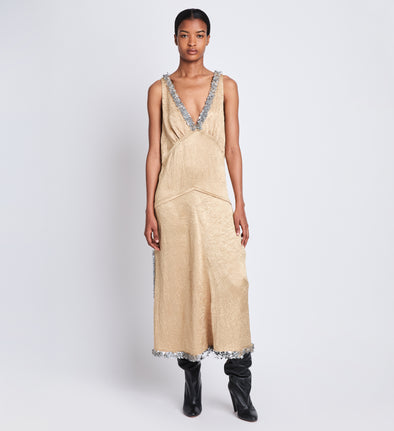 Front image of model wearing Mira Dress In Embroidered Crushed Satin in gold