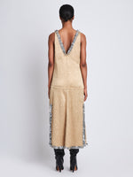 Back image of model wearing Mira Dress In Embroidered Crushed Satin in gold