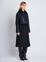 Side image of model in Judd Jacket With Shearling Collar In Leather in navy