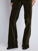 Detail image of model wearing Marie Pant In Velvet Suiting in olive