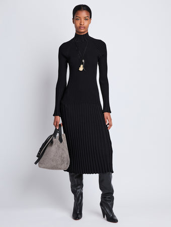 Front full length image of model wearing Midweight Viscose Rib Knit Dress in BLACK