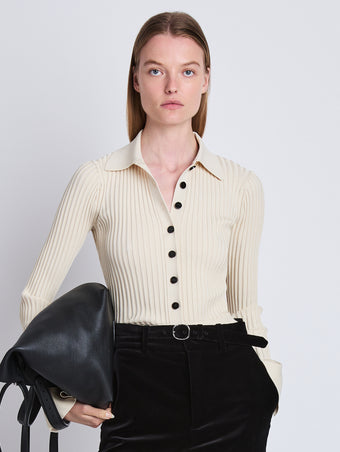Cropped front image of model wearing Carla Sweater In Midweight Viscose Rib in ecru
