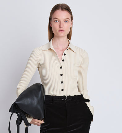 Cropped front image of model wearing Carla Sweater In Midweight Viscose Rib in ecru