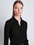 Detail image of model wearing Midweight Viscose Rib Cardigan in BLACK