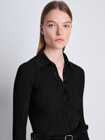 Detail image of model wearing Midweight Viscose Rib Cardigan in BLACK