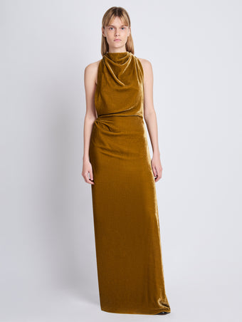 Front image of model wearing Faye Backless Twist Back Dress In Velvet in ochre