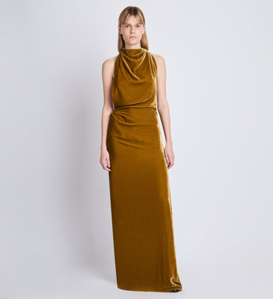 Front image of model wearing Faye Backless Twist Back Dress In Velvet in ochre