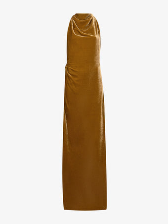 Flat image of Faye Backless Twist Back Dress In Velvet in ochre