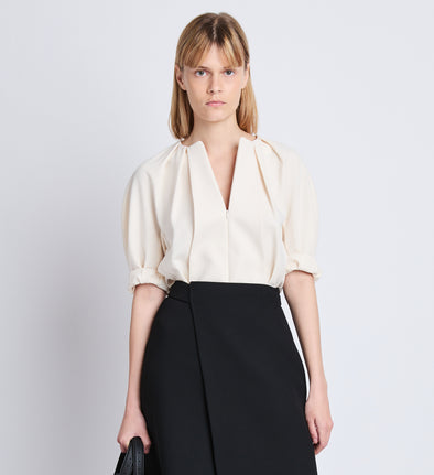 Cropped front image of model wearing Georgia Top In Matte Viscose Crepe in ecru