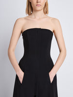 Detail image of model wearing Danielle Strapless Dress In Matte Viscose Crepe in black