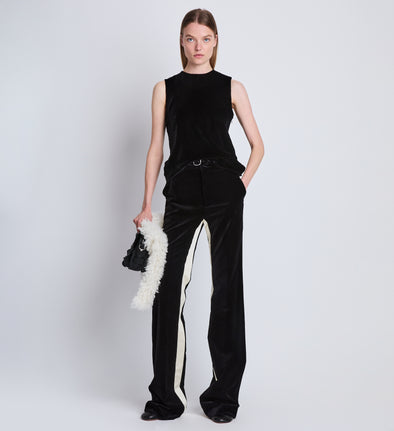 Front image of model wearing Marie Pant In Velvet Suiting in black multi