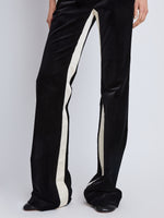Detail image of model wearing Marie Pant In Velvet Suiting in black multi