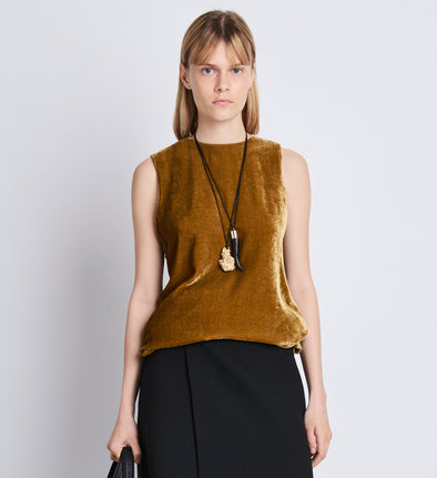 Cropped front image of model wearing Joyce Top In Velvet in ochre