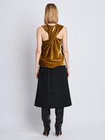 Back image of model wearing Joyce Top In Velvet in ochre