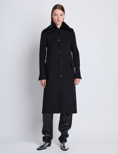 Front image of model wearing Louise Coat With Shearling Collar In Wool Cashmere in black