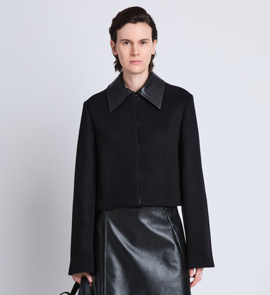 Cropped front image of model wearing Brigdet Cropped Jacket with Leather Collar in BLACK with collar