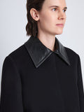 Detail image of model wearing Brigdet Cropped Jacket with Leather Collar in BLACK with collar
