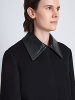 Detail image of model wearing Brigdet Cropped Jacket with Leather Collar in BLACK with collar