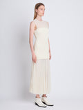 Side full length image of model wearing Niki Dress in ECRU