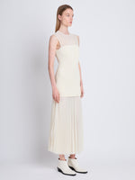Side full length image of model wearing Niki Dress in ECRU