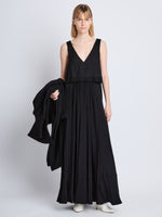 Front full length image of model wearing Lynda Dress In Textured Marocaine With Boucle in BLACK