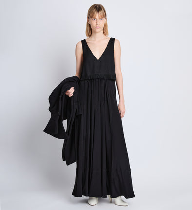 Front full length image of model wearing Lynda Dress In Textured Marocaine With Boucle in BLACK