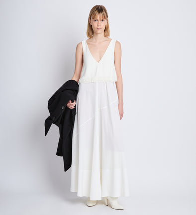 Front full length image of model wearing Lynda Dress In Textured Marocaine With Boucle in OFF WHITE