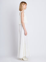 Side full length image of model wearing Lynda Dress In Textured Marocaine With Boucle in OFF WHITE