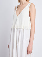 Detail image of model wearing Lynda Dress In Textured Marocaine With Boucle in OFF WHITE