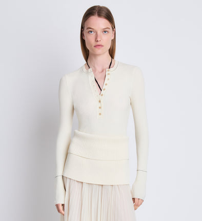 Front cropped image of model wearing Agnes Henley Sweater in IVORY
