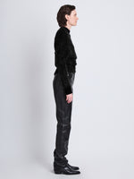 Side image of model wearing Patti Sweater in Brushed Mohair in black