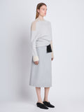 Side full length image of model wearing Patti Sweater in LIGHT GREY MULTI