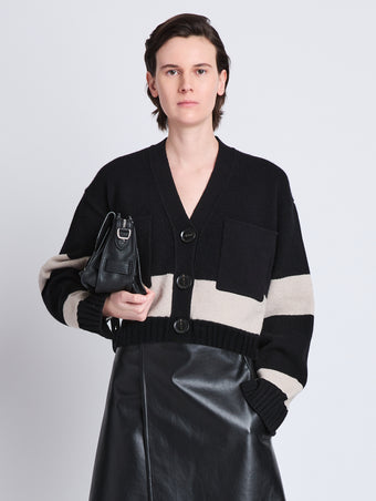 Front cropped image of model wearing Sofia Cardigan In Striped Cahsmere in BLACK MULTI