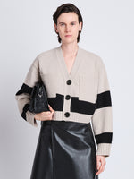 Front cropped image of model wearing Sofia Cardigan In Striped Cashmere in OATMEAL MULTI