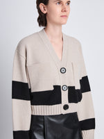Detail image of model wearing Sofia Cardigan In Striped Cashmere in OATMEAL MULTI
