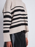 Detail image of model wearing Sandra Turtleneck In Striped Doubleface Cashmere in OATMEAL MULTI