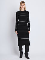Front full length image of model wearing Rachel Dress in BLACK MULTI