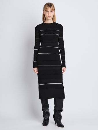 Front full length image of model wearing Rachel Dress in BLACK MULTI