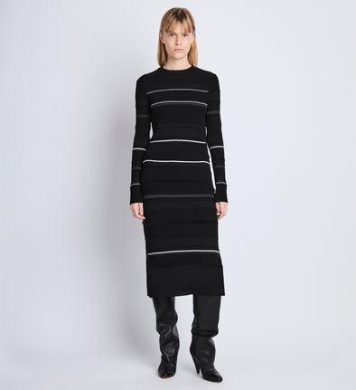Front full length image of model wearing Rachel Dress in BLACK MULTI