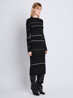 Side full length image of model wearing Rachel Dress in BLACK MULTI