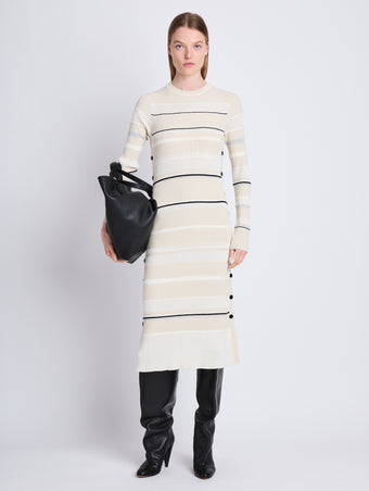 Front full length image of model wearing Rachel Dress in ECRU MULTI