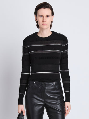 Front cropped image of model wearing Judy Sweater in BLACK MULTI