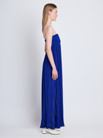 Side full length image of model wearing Rina Strapless Dress in COBALT