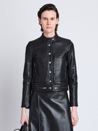 Front cropped image of model wearing Alice Jacket In Textured Grainy Leather in BLACK