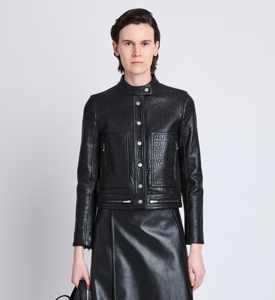 Front cropped image of model wearing Alice Jacket In Textured Grainy Leather in BLACK