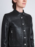 Detail image of model wearing Alice Jacket In Textured Grainy Leather in BLACK