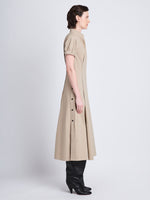 Side full length image of model wearing Tracey Dress in KHAKI