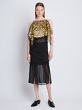 Front full length image of model wearing Zaha Dress In Embroidered Metallic Silk in BLACK MULTI